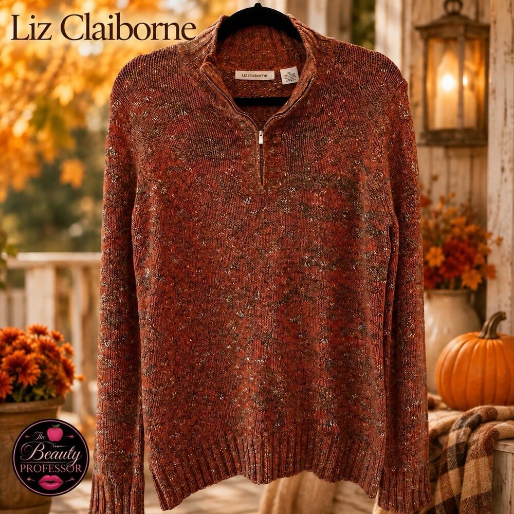 💋 Liz Claiborne XL Rust Marled Quarter Zip Sweater Cotton Blend Fall